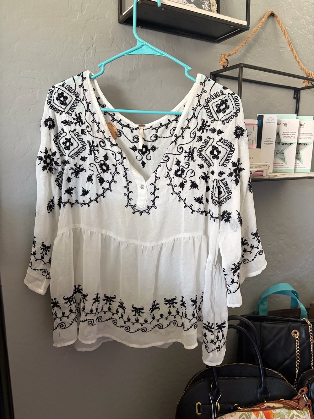 Free People White Tunic with Black Embroidery